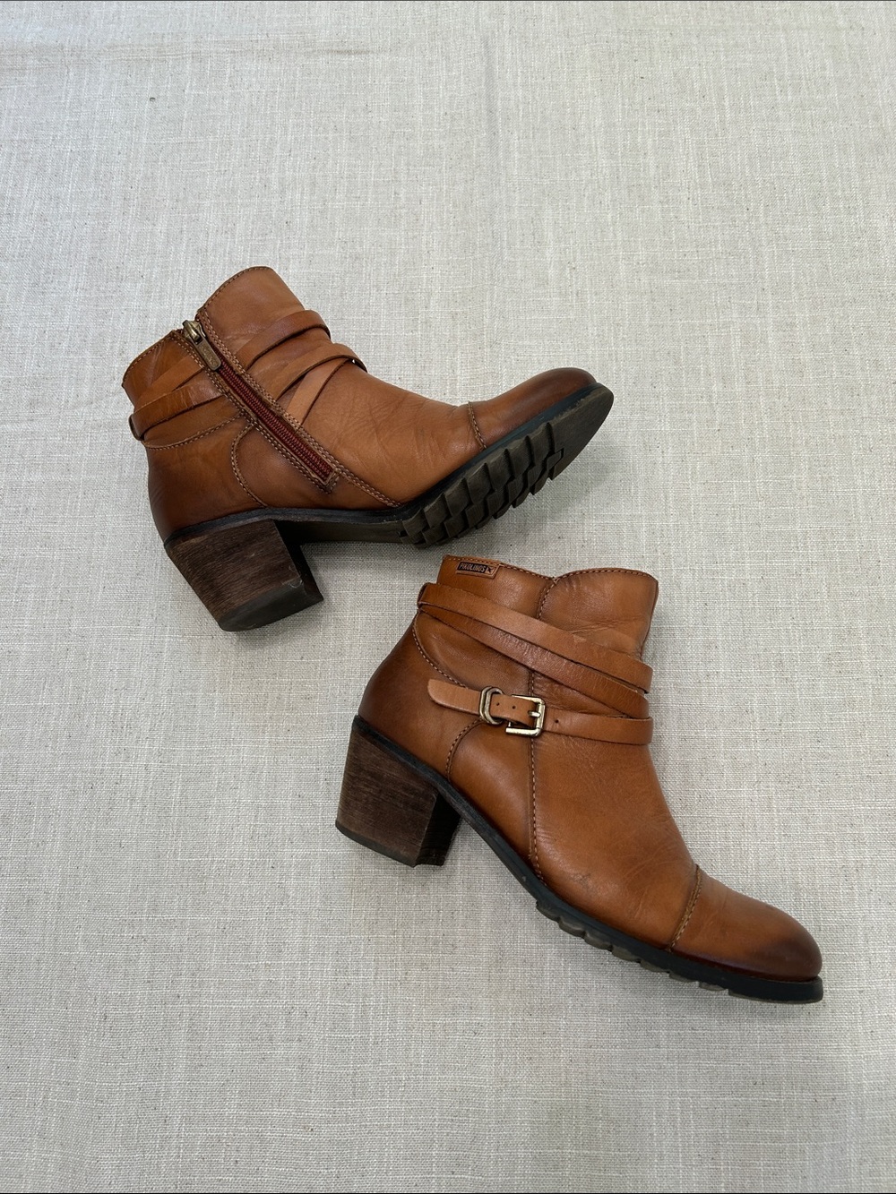 PIKOLINOS Andorra Boots 36 Brandy Leather Block Heeled Ankle with Buckle Strap